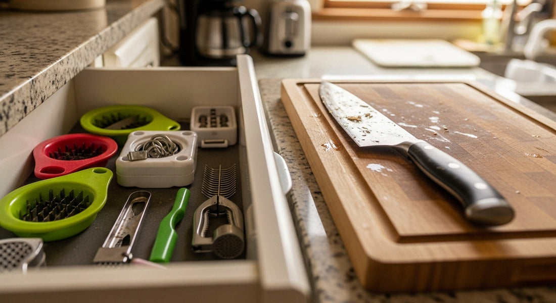 Essential kitchen tools in active rotation versus unused drawer fillers collecting dust