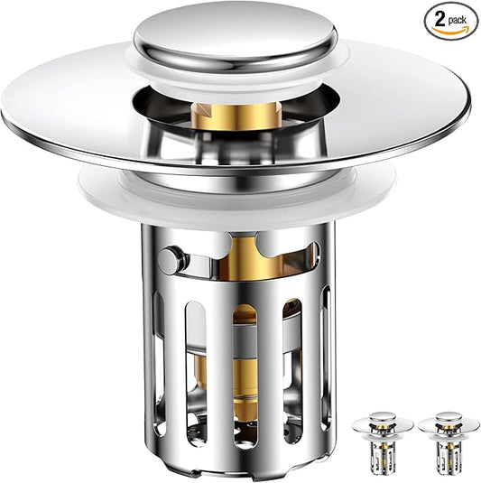 (2 Pc) All Metal Bathroom Sink Stopper Fit 99% - 3 in 1 Universal Pop Up Sink Stopper with Removable Stainless Steel Filter Basket Hair Catcher - for 1.1'' to 2.36'' Basin - Brass Core, 7000+ Tested