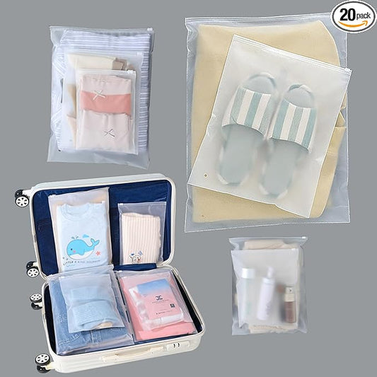 (20 pcs, 4 Sizes) Travel Luggage Organizer Bags, 4 Mil Slider Zip Plastic Clothing Packaging Bags, Travel/Home Storage and organizing pouches, Space Saver Bag (6''x9''-14‘’x18'')