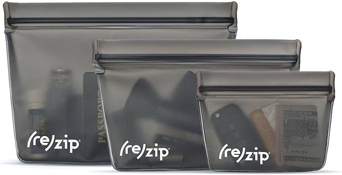 (re) zip 3-Piece Stand-Up Reusable Bag Kit | BPA-Free, Food Grade, Leakproof, Travel Friendly, Freezer and Dishwasher Safe | Quart (1), 2-Cup (1), Snack Size (1) | Solid Gray