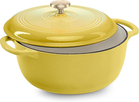 Best Choice Products 7.5 Quart Enamel Cast-Iron Round Dutch Oven, Family Style Heavy-Duty Pre-Seasoned Cookware for Home, Kitchen, Dining Room, Oven Safe w/Lid, Dual Handles - Lemon Meringue