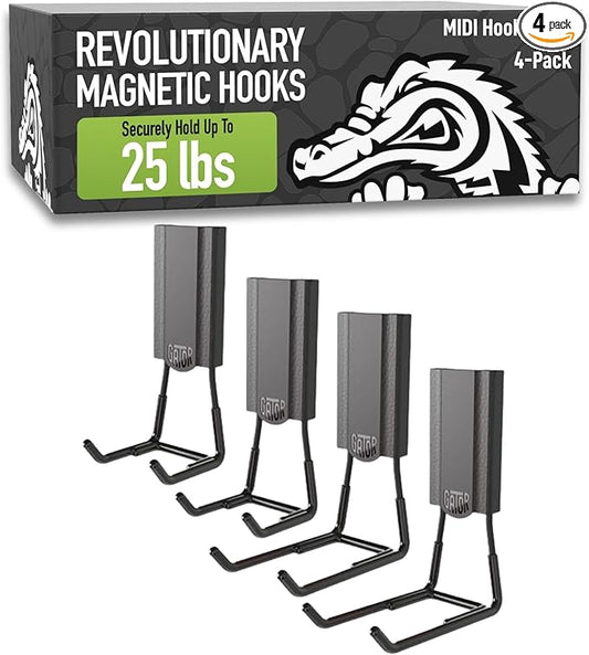 GATOR MAGNETICS MIDI 2.5 & 4" Open Hooks, 25 lb Heavy Duty Magnetic Hooks for Steel Surfaces, Patented Easy-Release, Non-Slip Grip – Storage & Organization, Garage, Shed, Home, Cleaning Tools -4 Pack