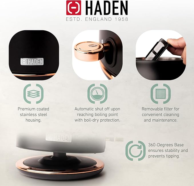 Haden Heritage 4 Slice Wide Slot Stainless Steel Toaster Bundled with 1.7 Liter Stainless Steel Electric Water Kettle, Black & Copper