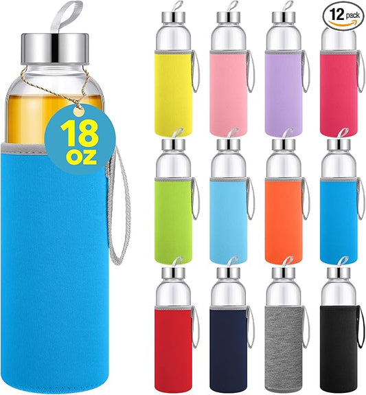 Vesici 12 Set 18 oz Clear Glass Water Bottles, Reusable Glass Juicing Bottles with Protection Sleeve and Stainless Steel Leak Proof Lids for Milk Smoothie Juice Beverage Tea (Colorful,Stylish)