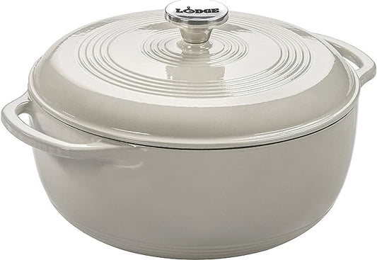 Lodge 6 Quart Enameled Cast Iron Dutch Oven with Lid – Dual Handles, Oven Safe up to 500°F, Stovetop Compatible – Marinate, Cook, Bake, Refrigerate & Serve – Oyster White
